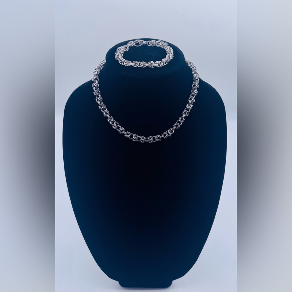 Vintage Byzantine Silver Stainless Steel Necklace and Bracelet Set
